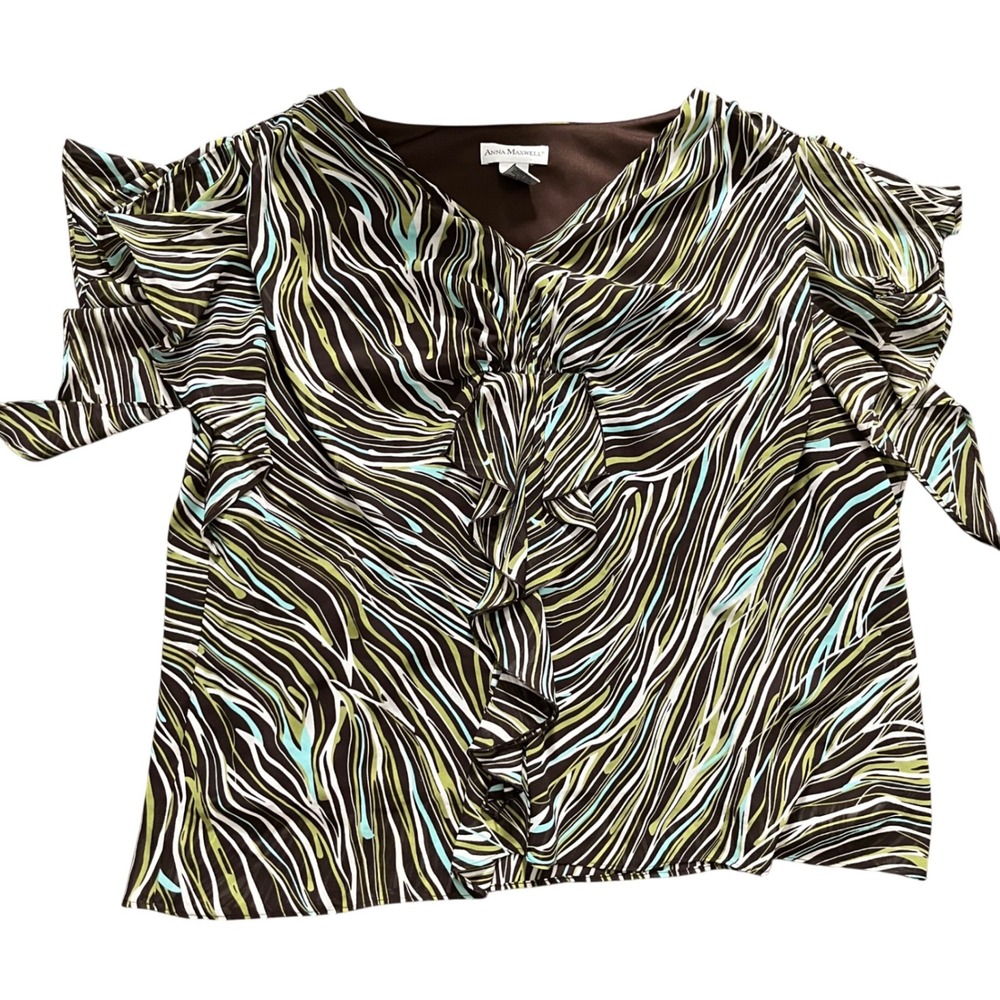 Anna Maxwell Women's 26W Plus Size Brown‎ Green Blouse Ruffle Detail